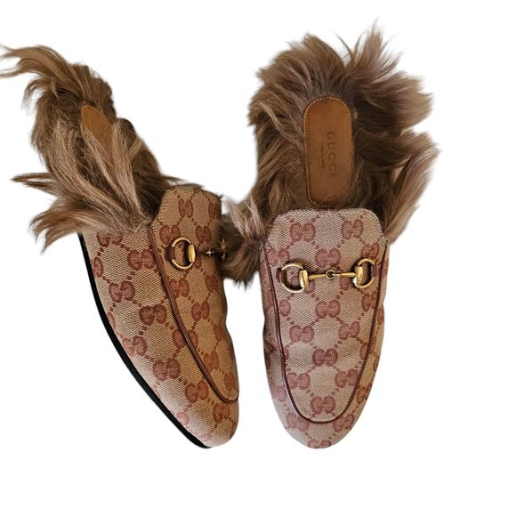 Gucci GG Monogram Princetown Horsebit Fur Lined Mule Flat Size 37.5 Beige Brown - Picture 1 of 9